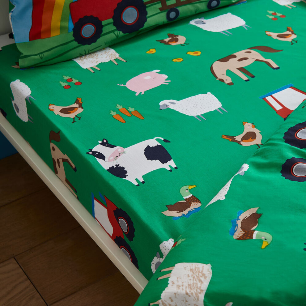 Catherine Lansfield Kids Bedroom Farmyard Animals Single Polycotton Fitted Sheet 15cm Depth Green - Image 5
