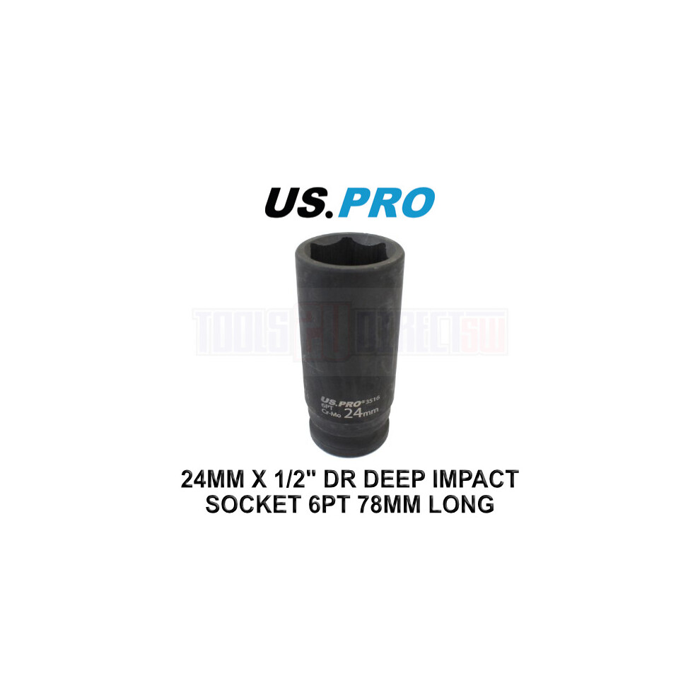 US PRO 24mm 1/2 dr 6 Point Deep Impact Socket 78mm Long 3516