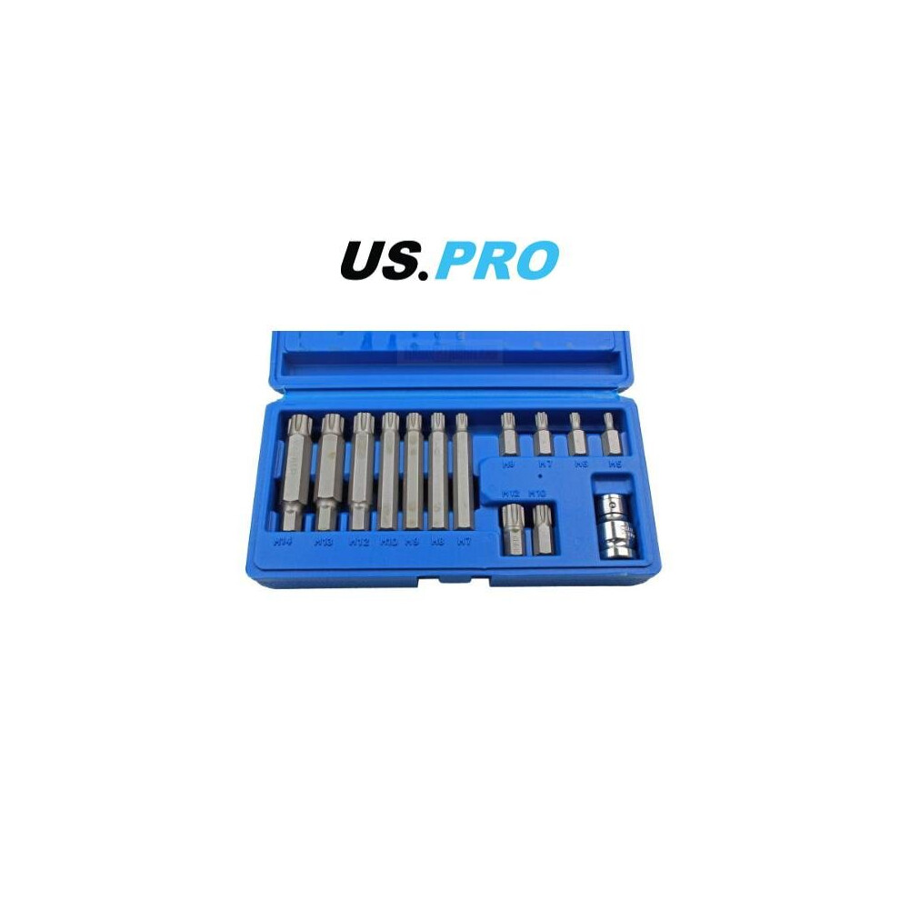 US PRO Tools 14pc 1/2" DR Ribe Socket Bit Set M5 - M14 With Adapter 2238