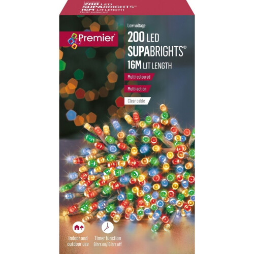 Premier 200 Multicolour LED Supabright Christmas Lights 16M Lit Clear Cable 2
