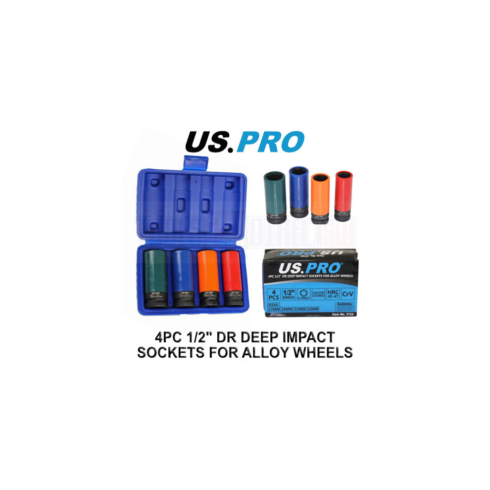 Us Pro Tools 4Pc 1/2" Dr Deep Impact Sockets For Alloy Wheels 17, 19, 21, 22Mm 3724