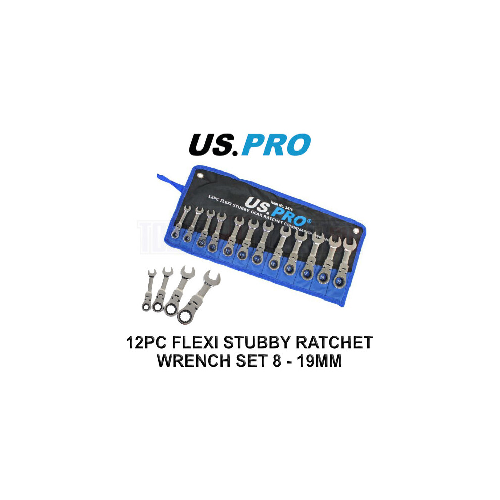Us Pro Tools 12Pc Metric Stubby Flexi Ring Gear Ratchet Spanner Wrench Set 8-19Mm 3476
