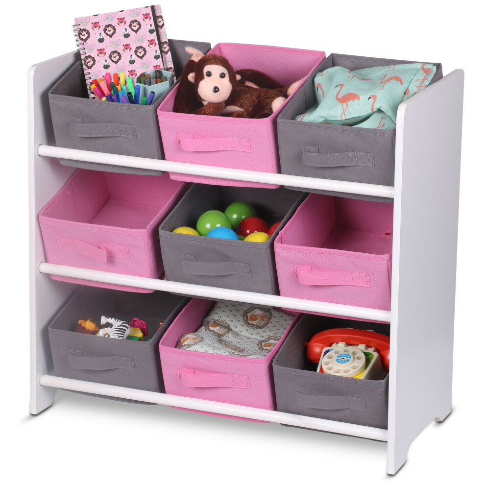 (Pink/Grey) Kids Wooden Shelf Toy Storage Unit With 9 Baskets