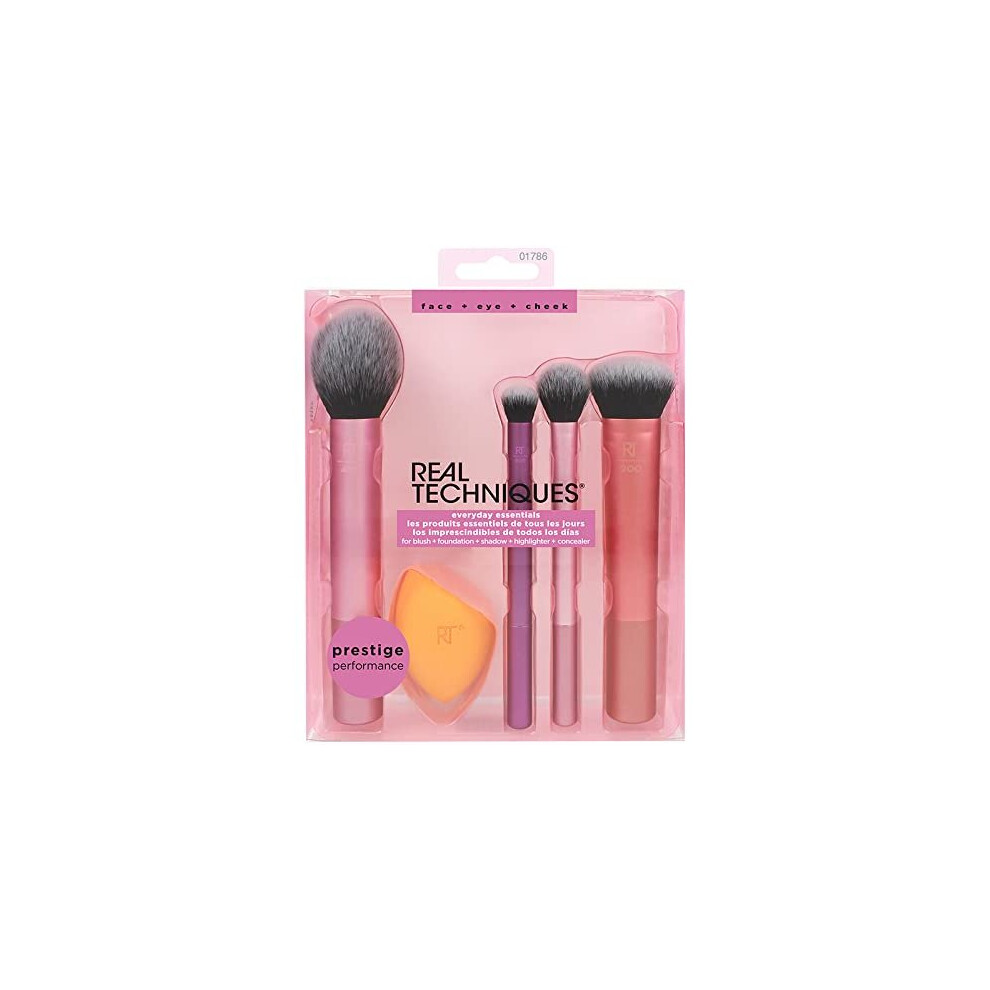 REAL TECHNIQUES,5 Count (Pack of 1) Everyday Essentials Makeup Brush Complete Face Set (Miracle Complexion Sponge, Expert Face, Blush, Setting and