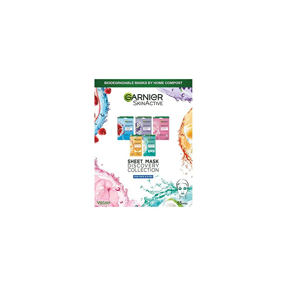 Garnier Sheet Mask Discovery Collection, Face & Eye Sheet Mask set for Dehydrated, Dull and Tired Skin, Pack of 5 Sheet Masks