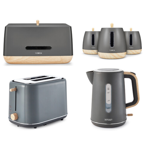 Tower Scandi Grey Kettle 2 Slice Toaster Bread Bin & Canisters Set on OnBuy