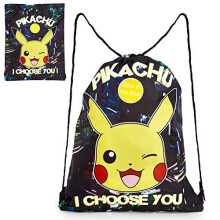 Pokemon Drawstring Bag, PE Gym Bag, Swimming and Sport Sack, Glow in the Dark Bag featuring Pikachu, Lightweight Black String Sack for Kids