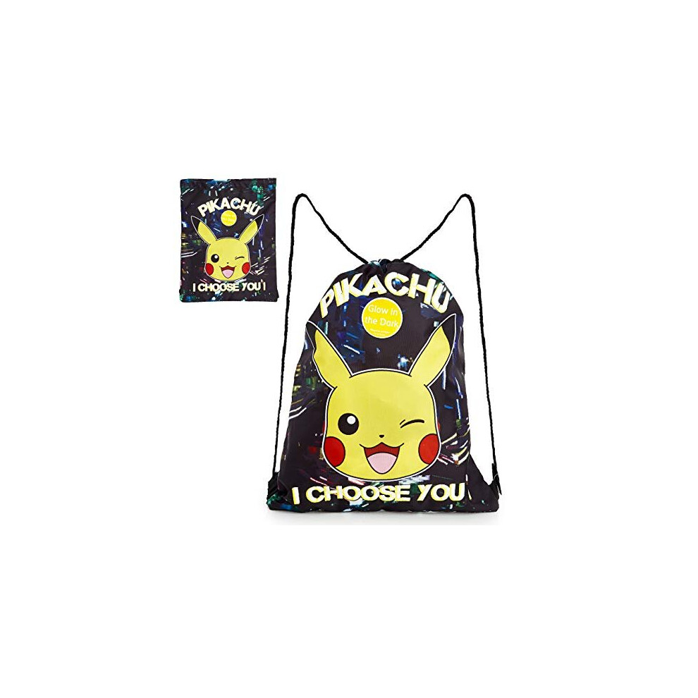 Pokemon Drawstring Bag, PE Gym Bag, Swimming and Sport Sack, Glow in the Dark Bag featuring Pikachu, Lightweight Black String Sack for Kids