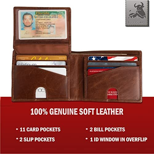 Mens RFID Blocking Bifold Wallet Soft Genuine Leather Brown Western 1