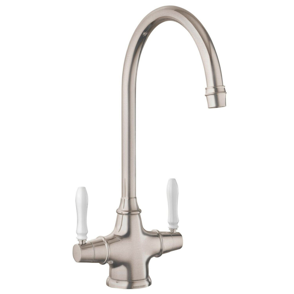Traditional Belfast Mixer Tap Lever Swivel Spout Swan Neck Brushed Twin Handle