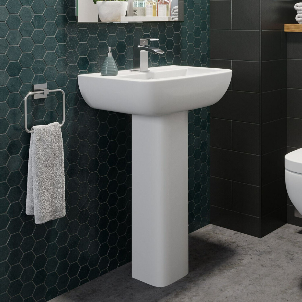 Ceramic Modern Square Basin Wash Sink Full Pedestal Single Tap Hole Bathroom 5056093605443