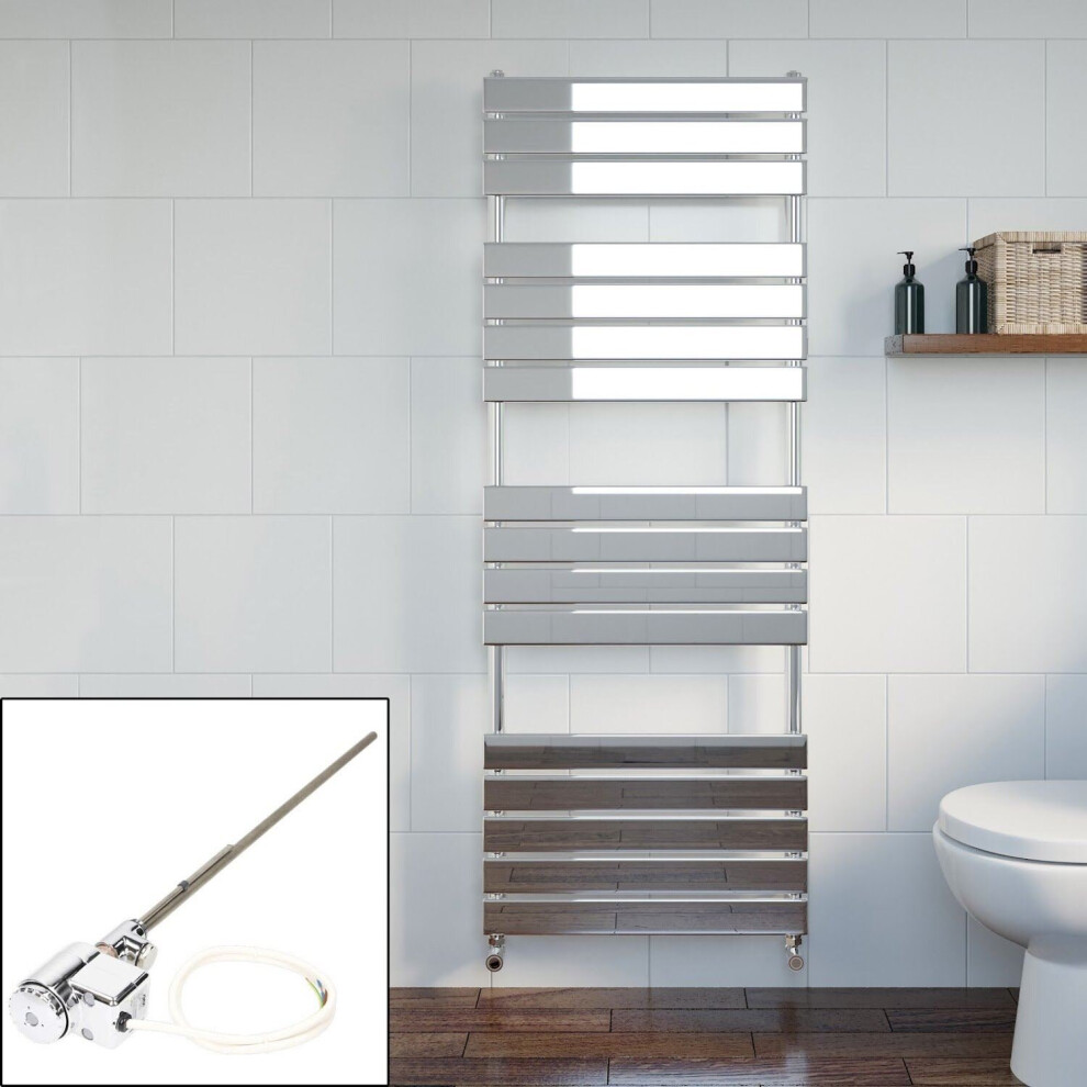 Bathroom 1600 x 600mm Thermostatic Heated Towel Rail Chrome Flat Panel Dual Fuel