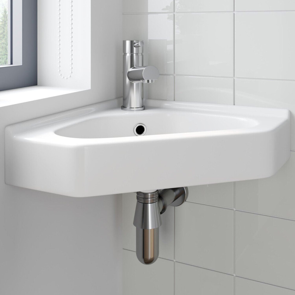 Cloakroom Corner Wall Hung Basin Sink Hand Wash 1 Tap Hole White Bathroom Modern