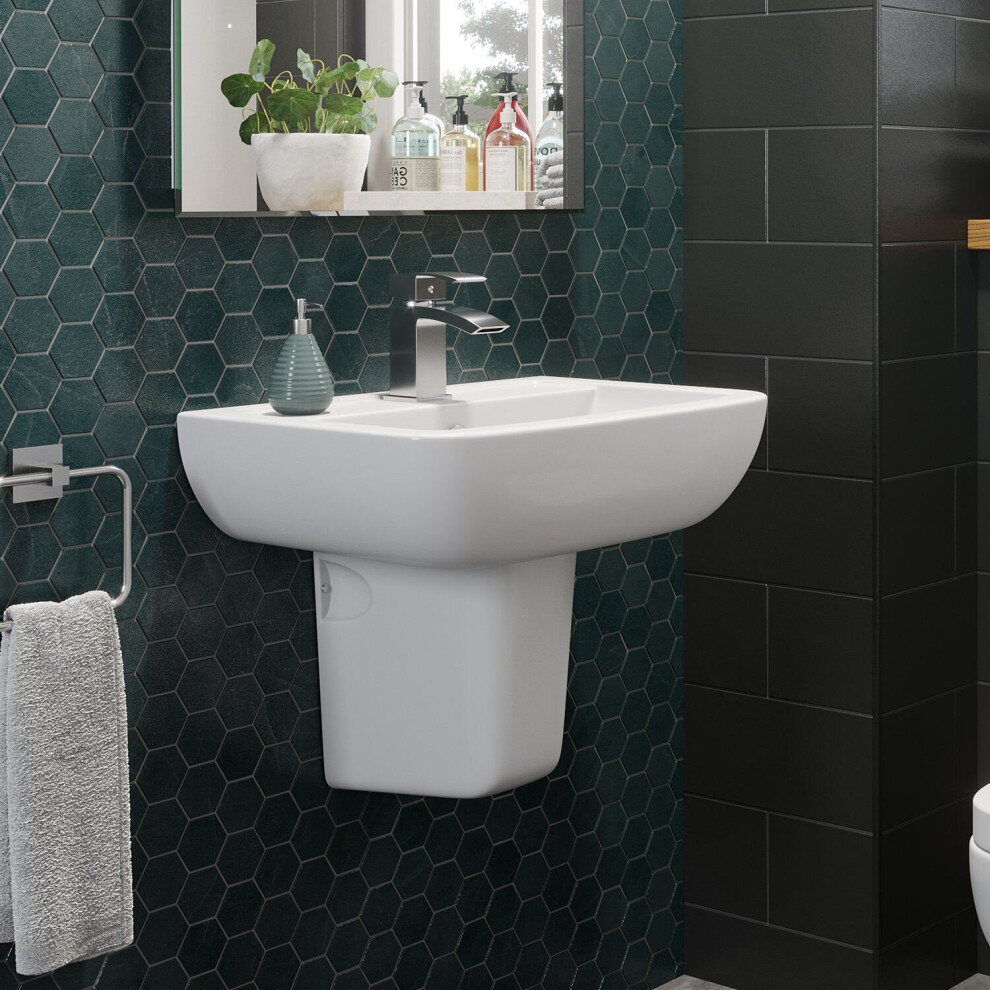 Bathroom Basin Sink Single Tap Hole Semi Pedestal Wall Hung Modern White Curved 5056093623966