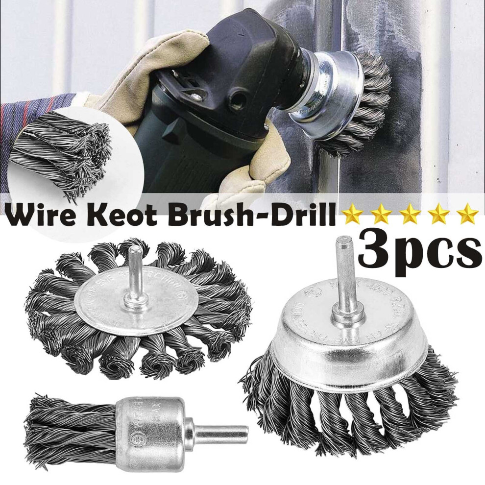 3x Rotary Steel Wire Brush Drill Attachment Wheel  Tool Rust Removal