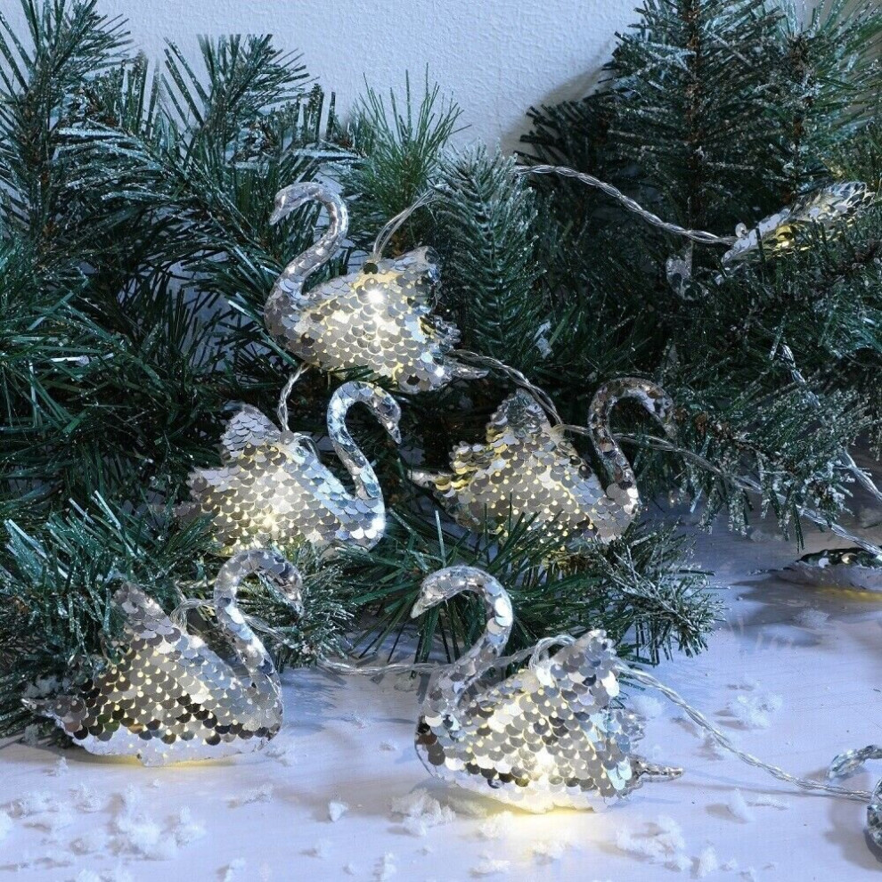 (Silver Sequin 1620427) Swan Garland Christmas Decoration Sequin 20 LED