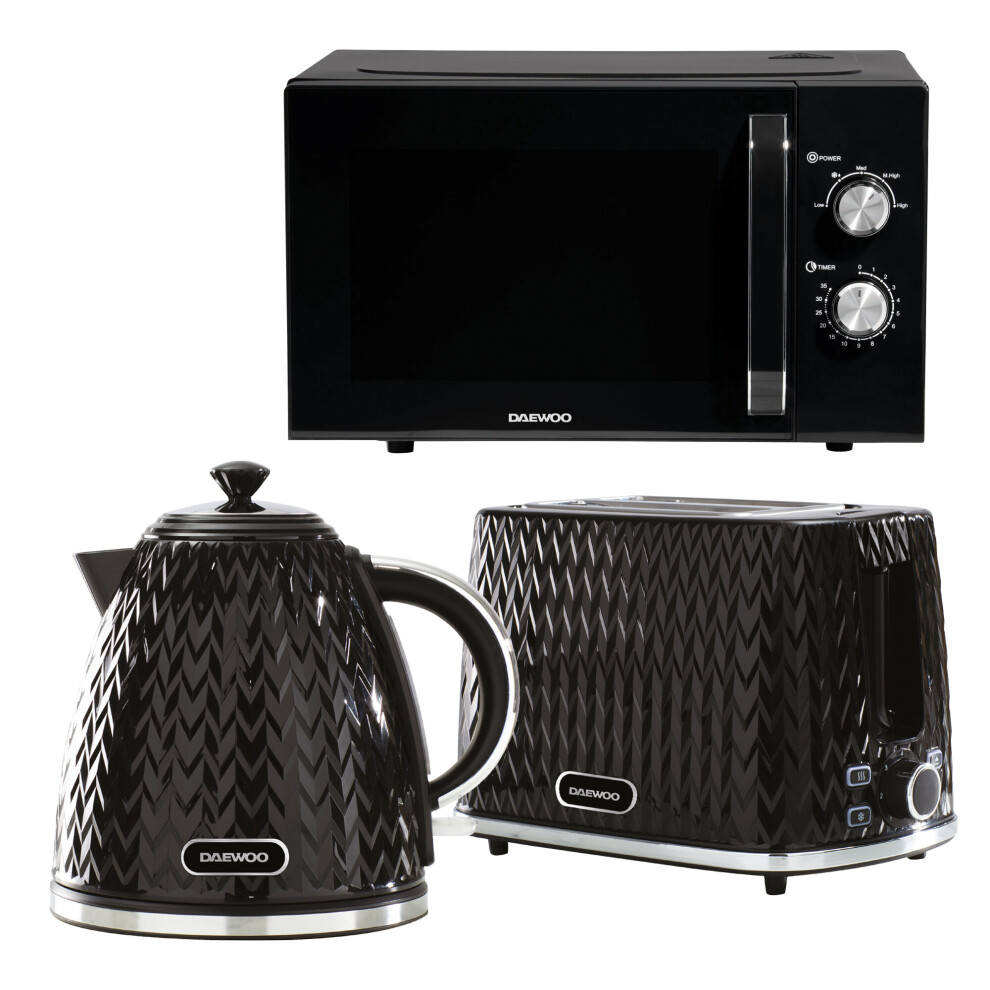 Daewoo Argyle 1.7L Rapid Boil Jug Kettle 2 Slice Toaster and 800W Microwave Triple Pack Black
