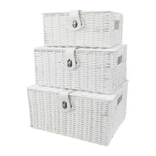 Set 3 White Storage Resin Wicker Basket Hamper Stackable Woven Lock Box Bathroom