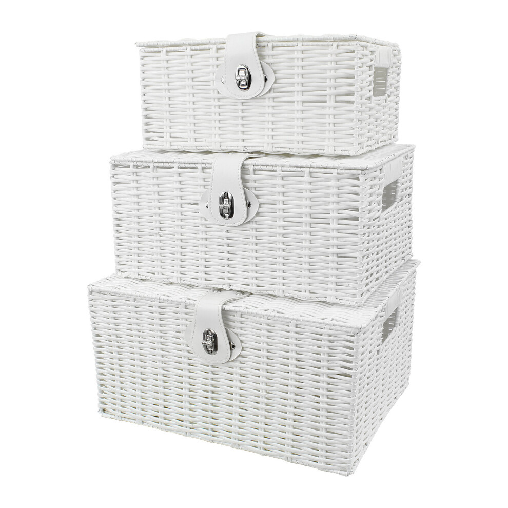 Set 3 White Storage Resin Wicker Basket Hamper Stackable Woven Lock Box Bathroom
