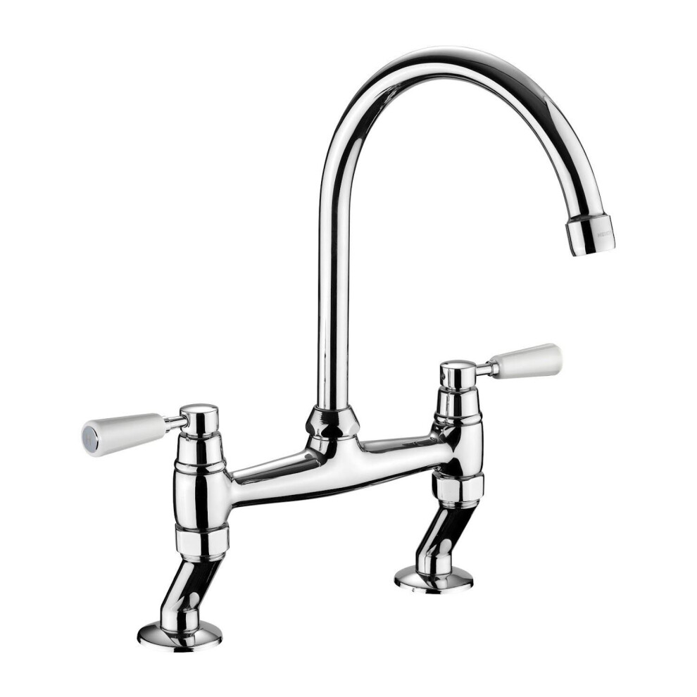 Rangemaster Kitchen Sink Tap Dual Lever Mono Bridge Chrome White Mixer Tap Swivel Spout