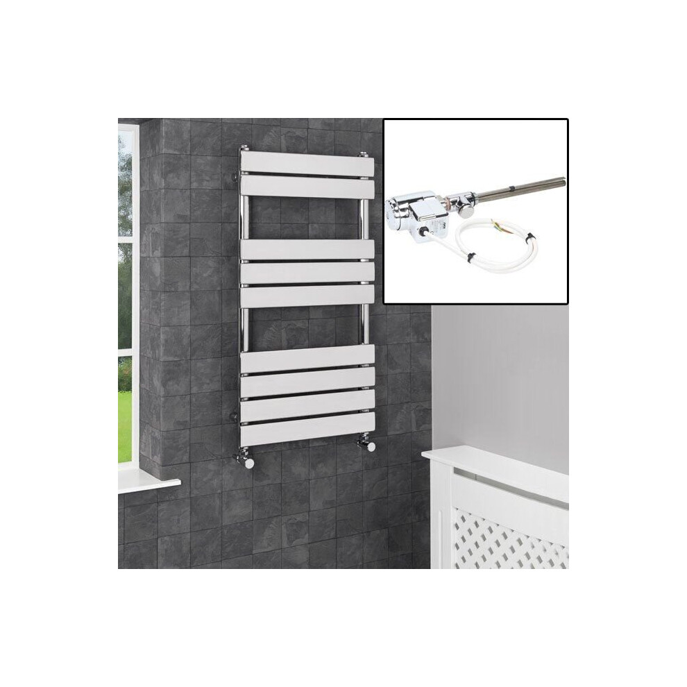 950 X 500Mm Heated Towel Rail Dual Fuel Thermostatic Chrome Flat Panel 9 Rail 5056093622082