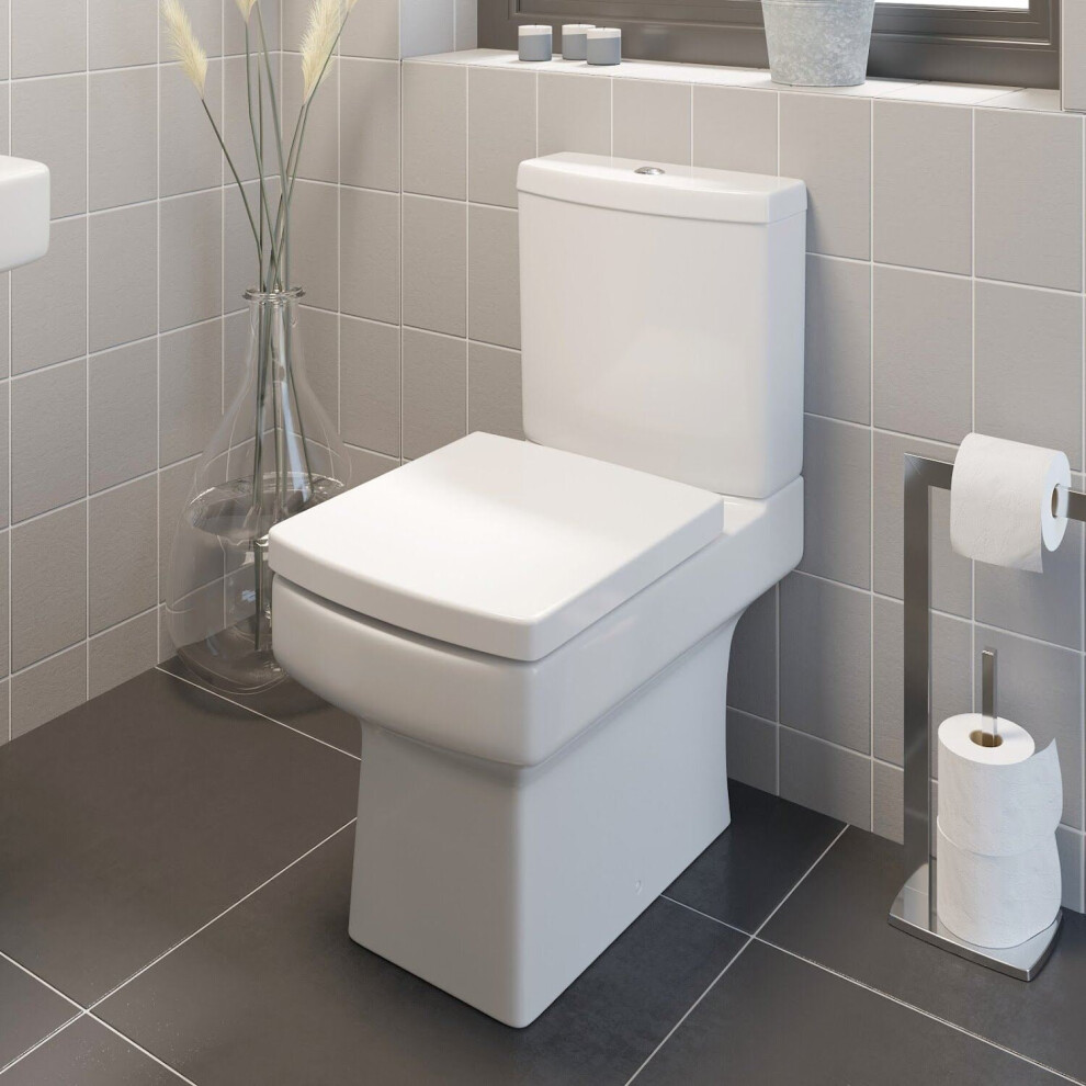 White Ceramic Square Modern Toilet Close Coupled Bathroom Pan & Seat WC Bathroom