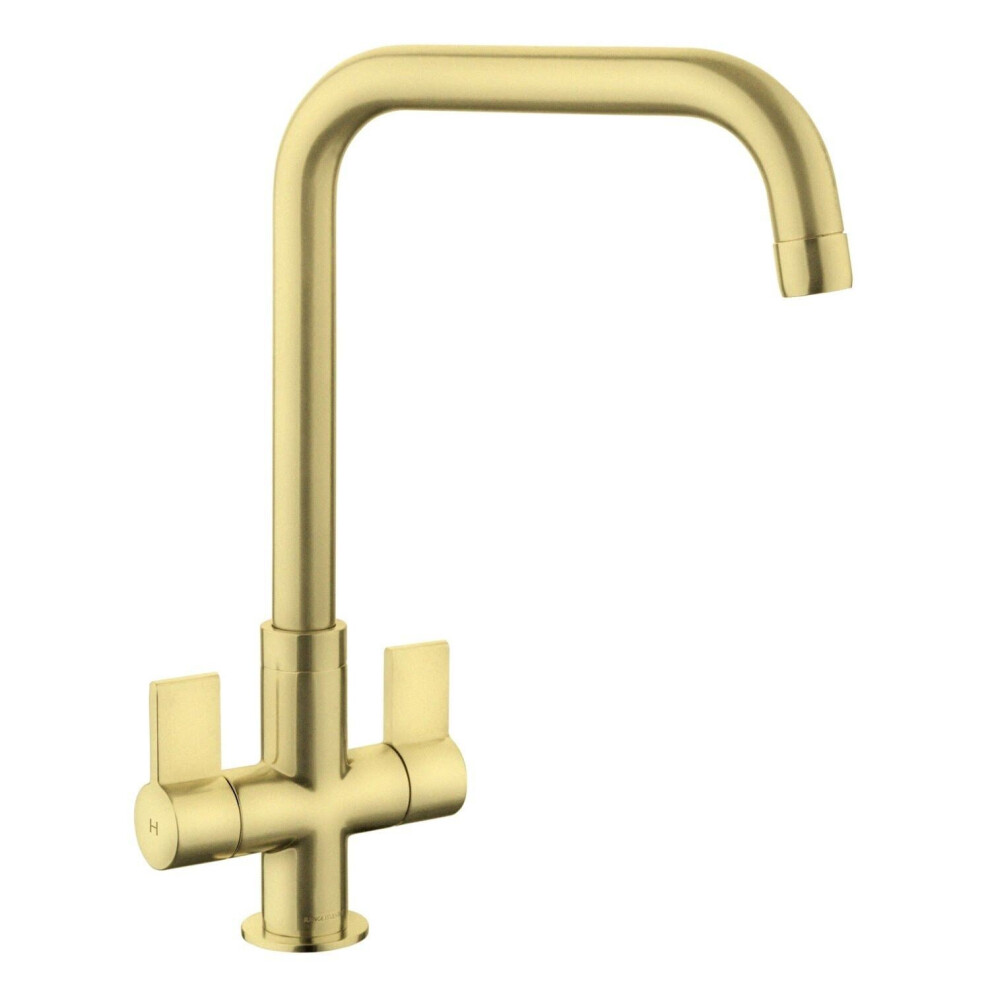 Rangemaster Aquaquad Kitchen Mixer Tap Brushed Brass D Shape Spout Twin Lever