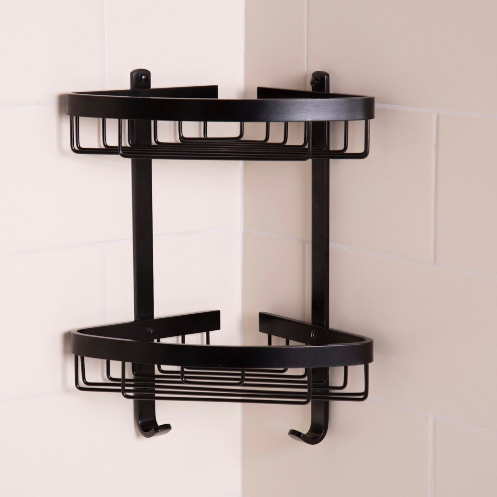 Croydex Bathroom Aluminium Matt Black Corner 2 Tier Shower Caddy Easy Clean Wire