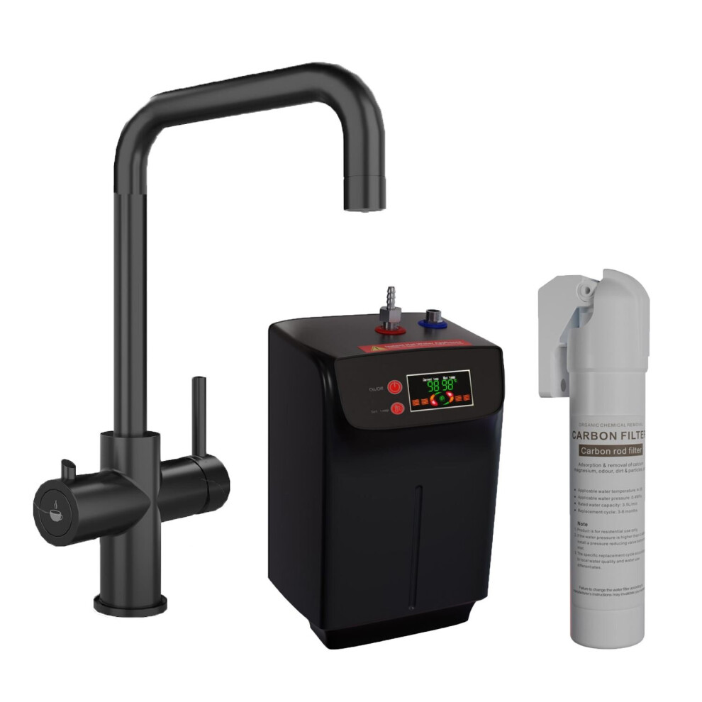 3 in 1 Hot Cold Boiling Water Kitchen Tap Twin Lever Filter Tank Black Curved