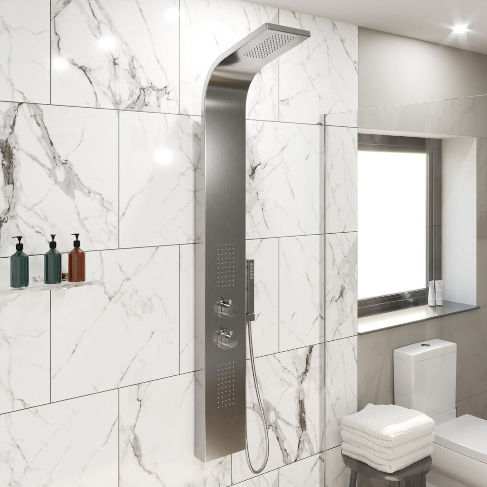 Thermostatic Shower Panel Column Tower Body Jets Twin Head Bathroom Silver 5056093657831