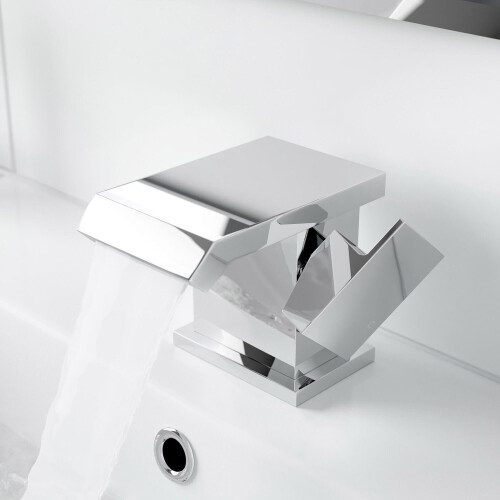 Modern Bathroom Waterfall Mono Basin Sink Mixer Tap Square Chrome Single Lever 2