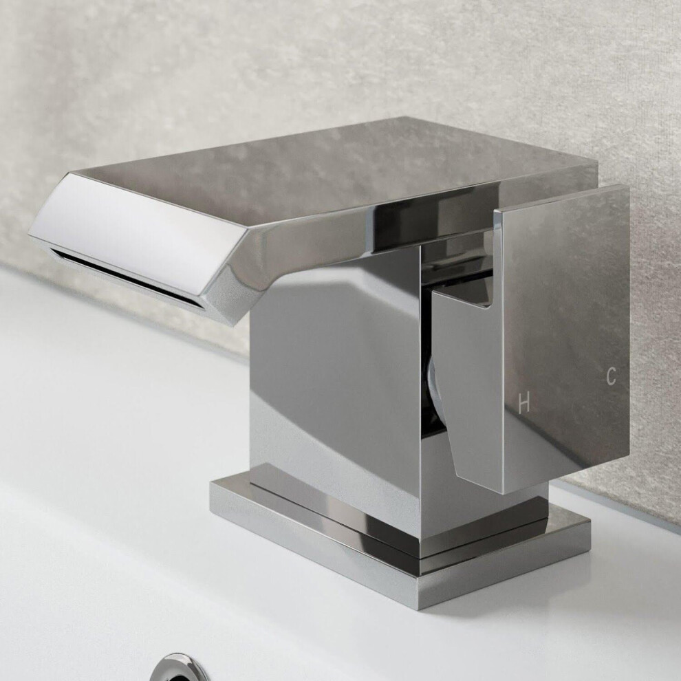 Modern Bathroom Waterfall Mono Basin Sink Mixer Tap Square Chrome Single Lever