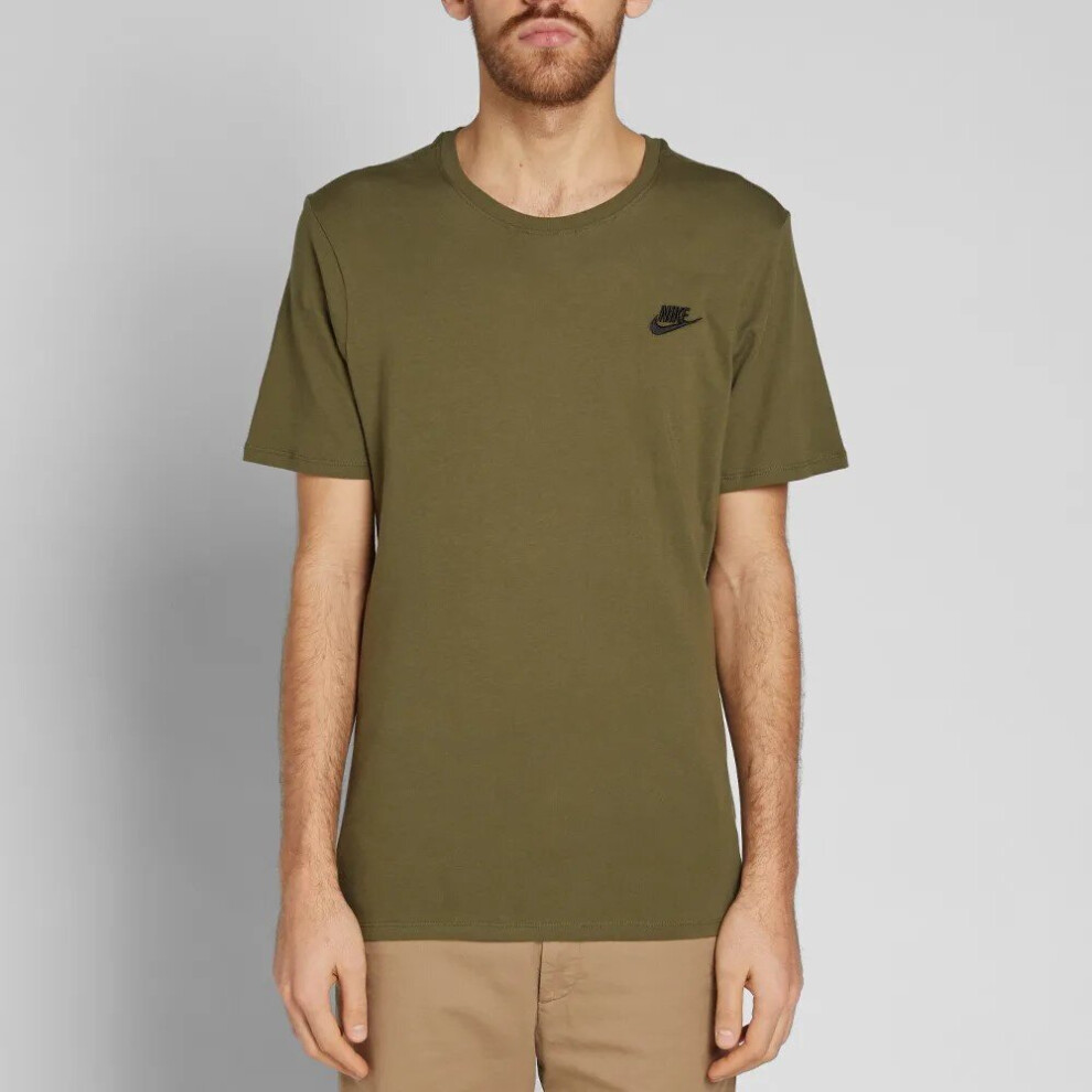 (827021-395 Nike Mens T Shirt Olive S) Nike Mens Futura T Shirt Sportswear Club Swoosh Classic Logo Crew Neck Tee