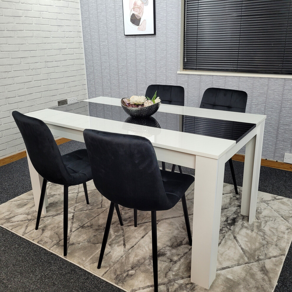 Dining Table White Black & 4 Black Velvet Tufted Chairs , Wooden Table