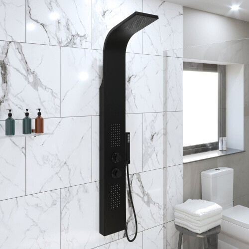 HEAD Thermostatic Bathroom Shower Tower Panel Column Body Jets Twin Head Matt Black