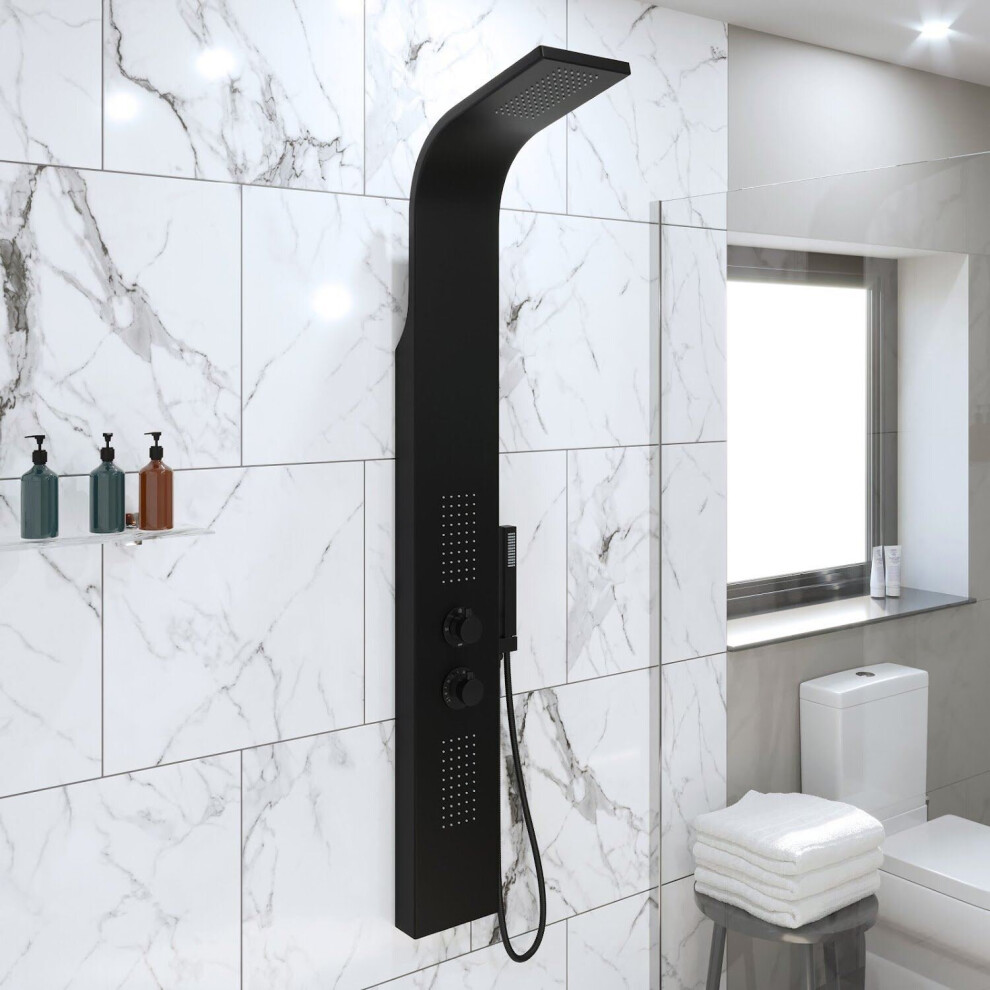 Thermostatic Bathroom Shower Tower Panel Column Body Jets Twin Head Matt Black-image-OPC-P9SWTRN-NEW