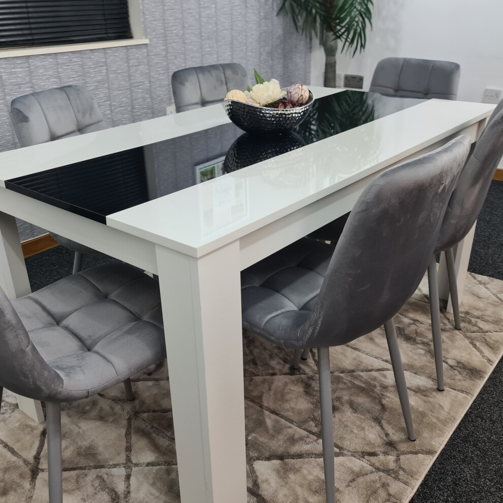 Kitchen Dining Table Set Of 6 Wooden Table Grey Velvet Tufted Chairs