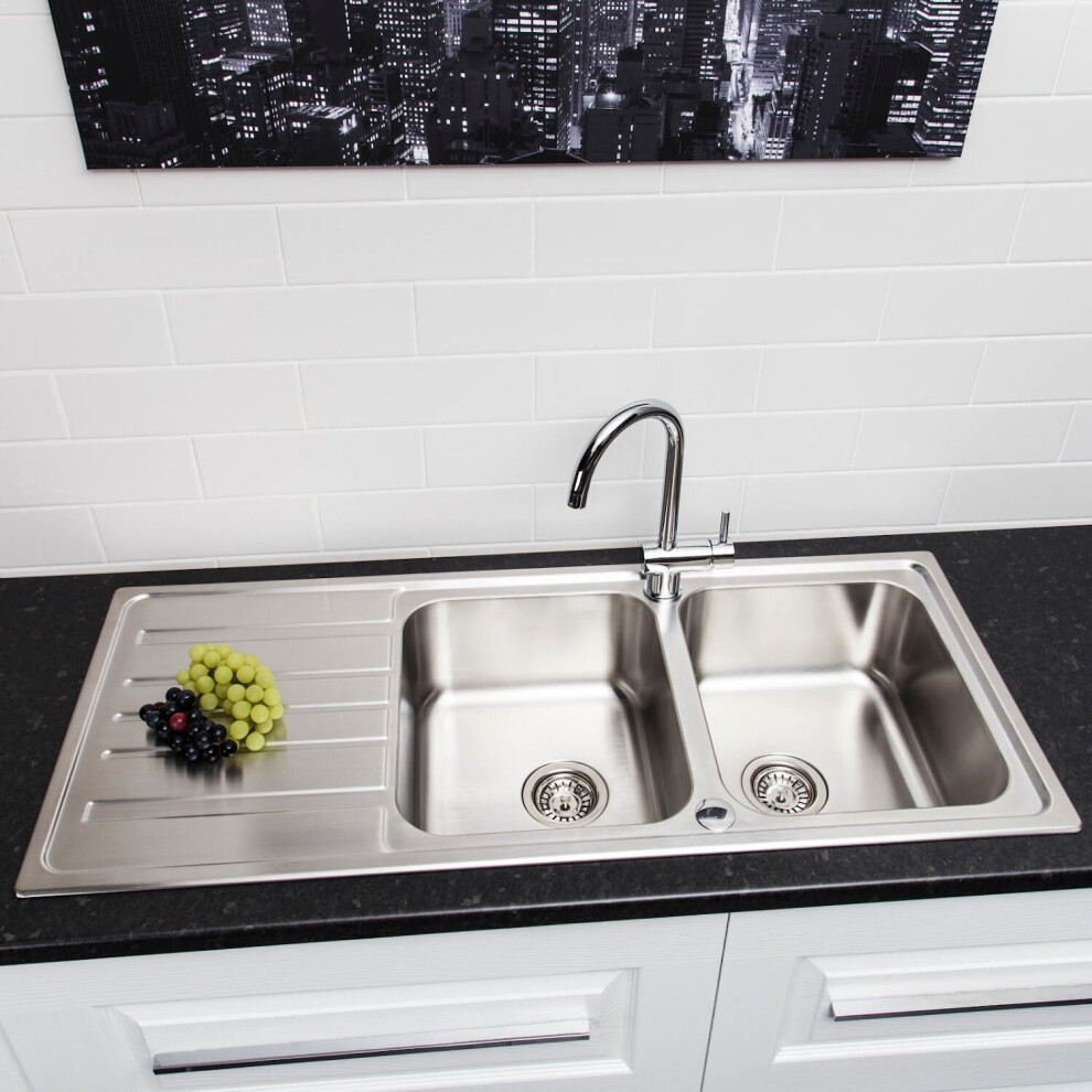 Sauber Prima Kitchen Sink 2.0 Double Bowl Stainless Steel Inset Waste, Reversible Drainer, 1160X500mm, Ksink010b 5056093605153