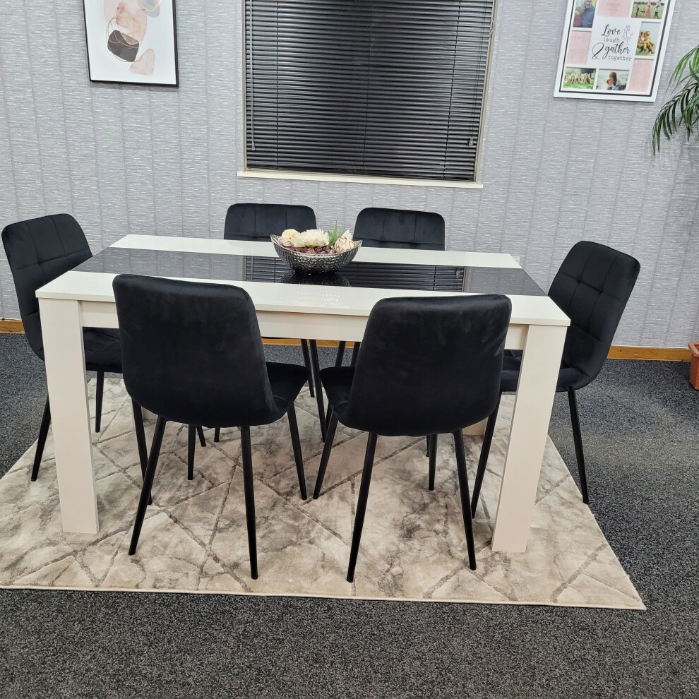 Kitchen Dining Table Set Of 6 Wooden Table Black Velvet Tufted Chairs