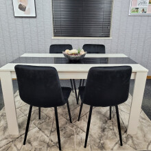 Dining Table Set Of 4 Wooden White Black Table Tufted Velvet Chairs