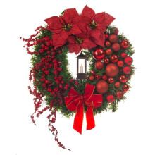 (GREEN/RED) CHRISTMAS VILLAGE Artificial Pinecone Christmas Wreath Door Ring Natural Cones Berries Home Decoration Memorial Candle