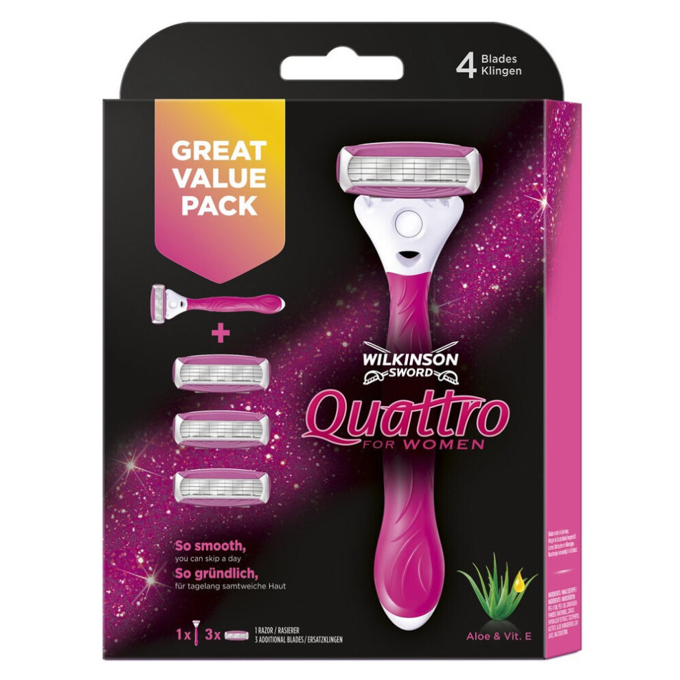 Wilkinson Sword Quattro For Women Razor + 3X Blades Starter Pack