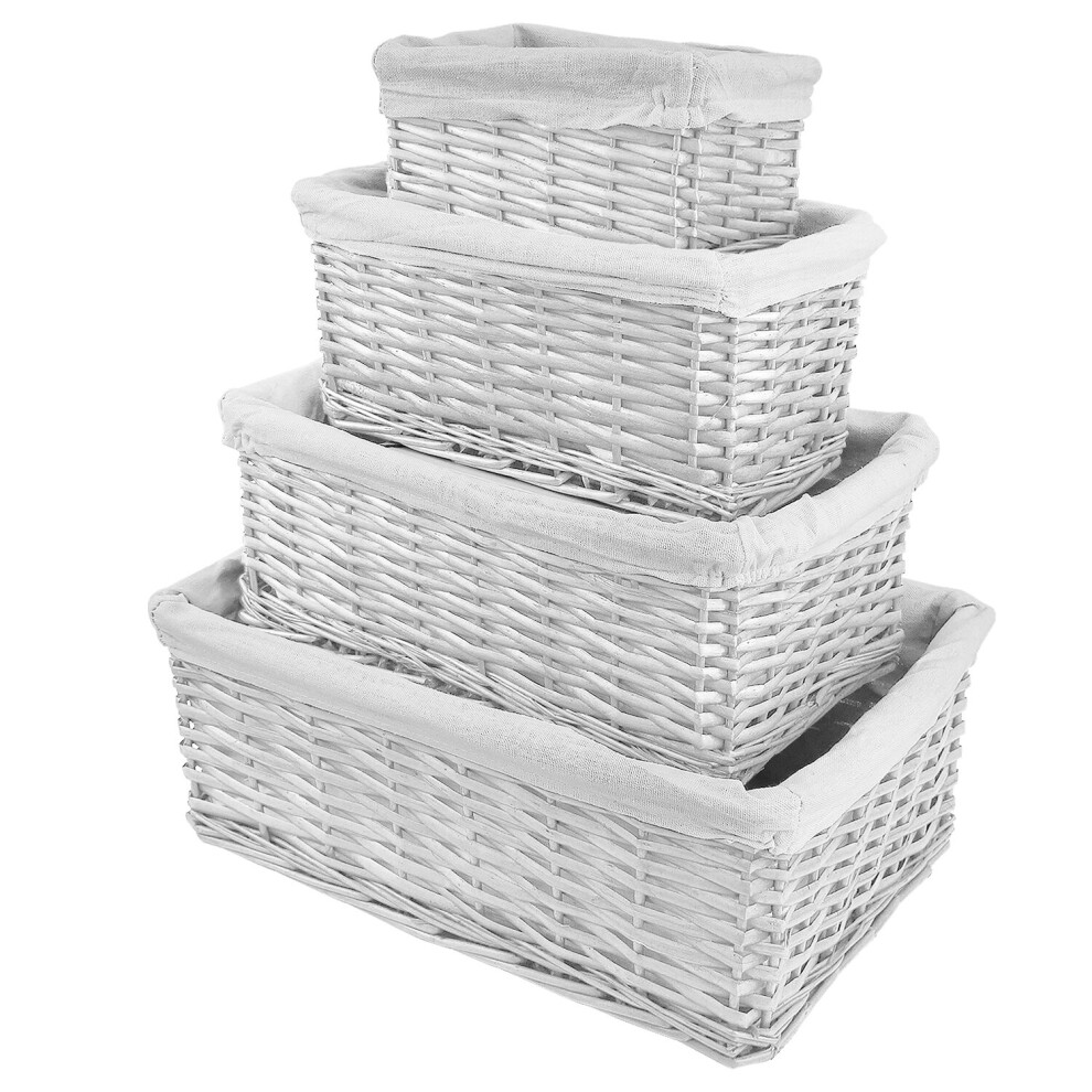 (White) 4 Piece Wicker Storage Gift Baskets Bedroom Makeup Jewelry Linen Hamper Bathroom