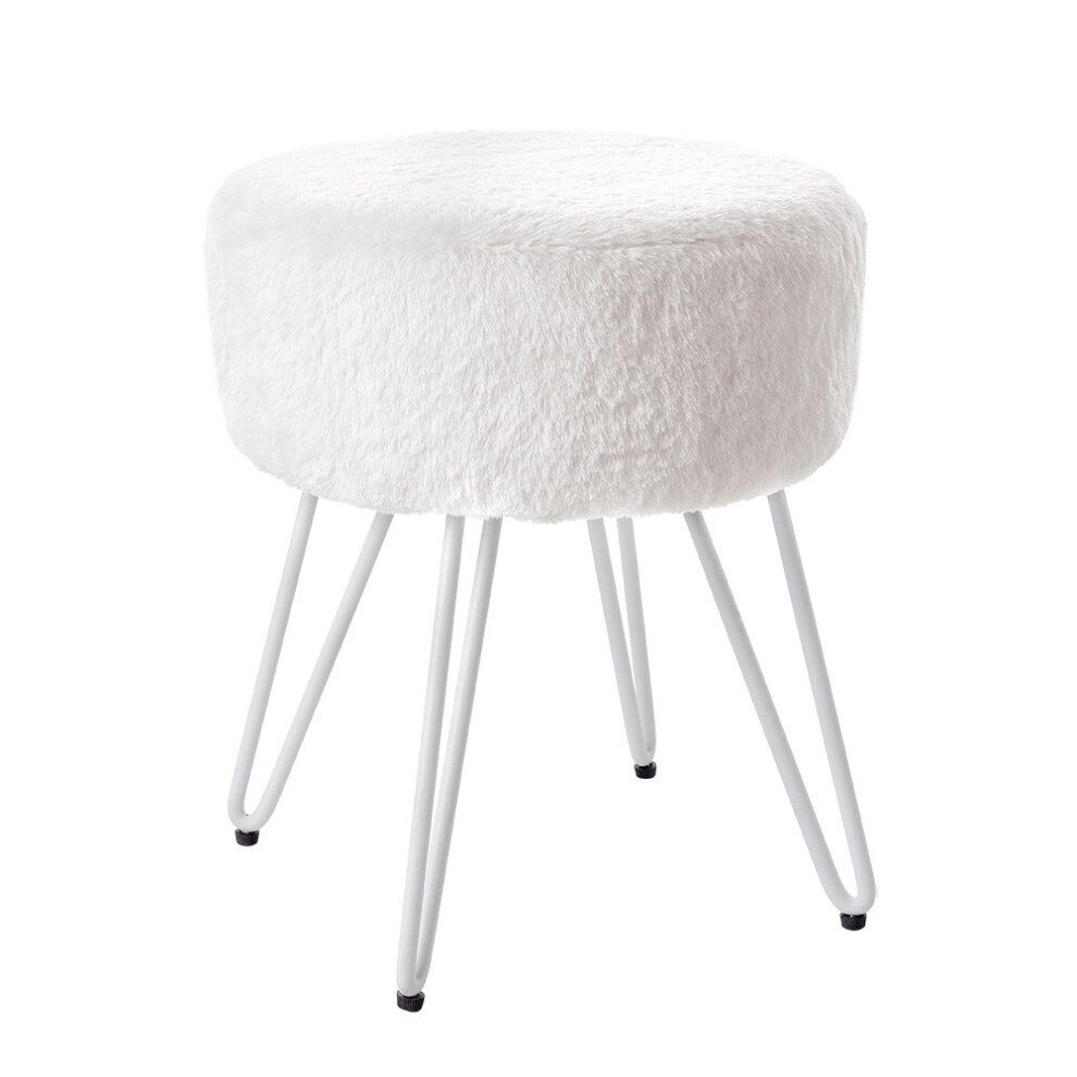 (White) 35CM Round Fluffy Velvet Dressing Table Stool Wire Legs