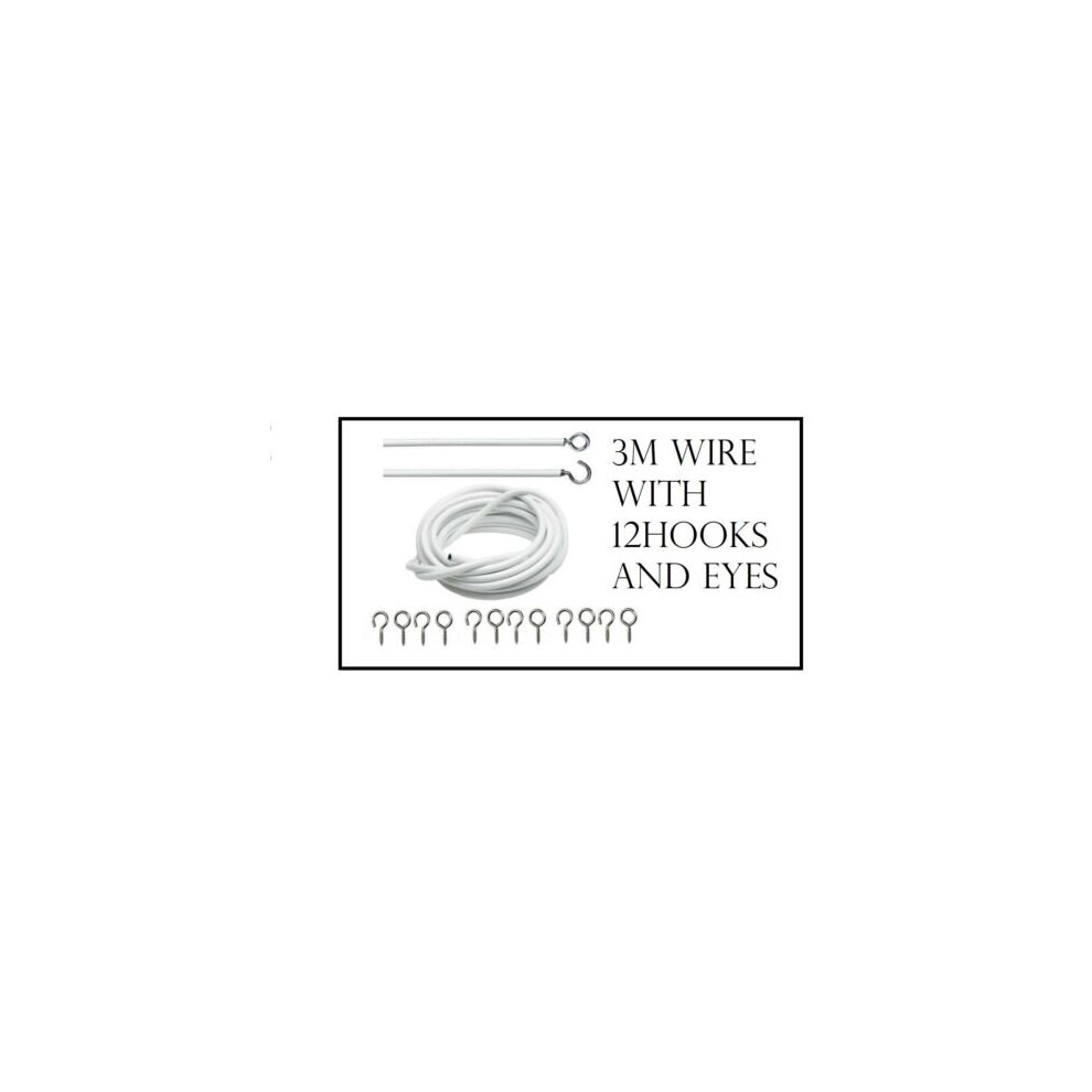 (3M Wire with 12 Hooks & Eyes) 2-3-4M NET CURTAIN WIRE CORD CABLE WITH HOOKS&EYES