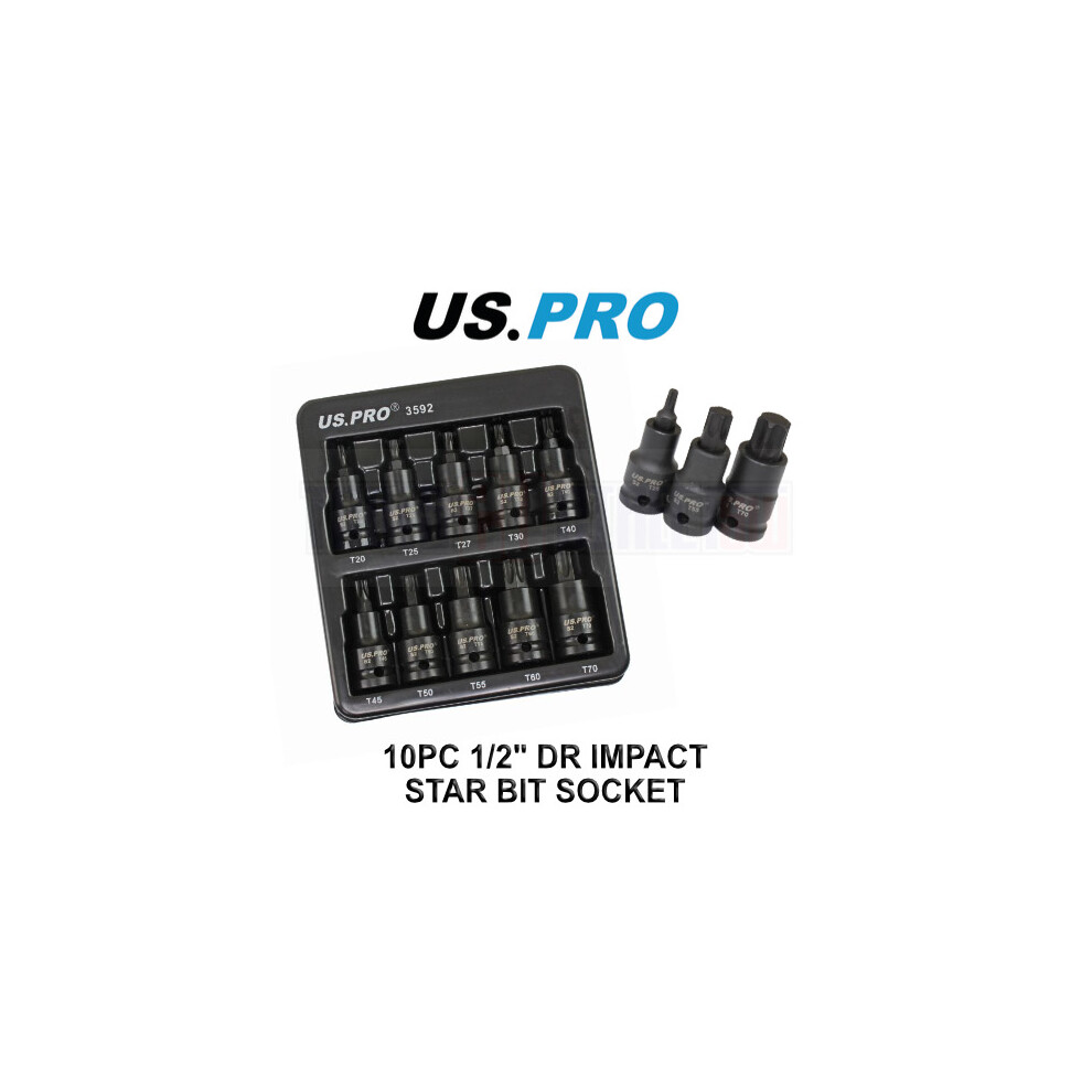 US PRO Tools 10PC 1/2" DR Torx Impact Star Bit Socket Set T20 - T70 3592