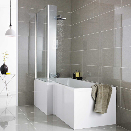 Modern Bathroom L Shaped Shower Bath Front Side Panel White Gloss MDF 1600mm