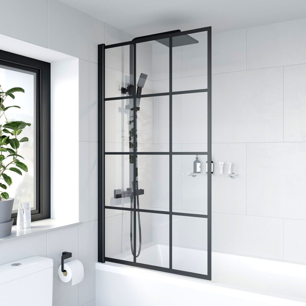 Bath Shower Screen Door Hinged 1400 x 800mm Framed Black Grid Square Safety Glass Panel