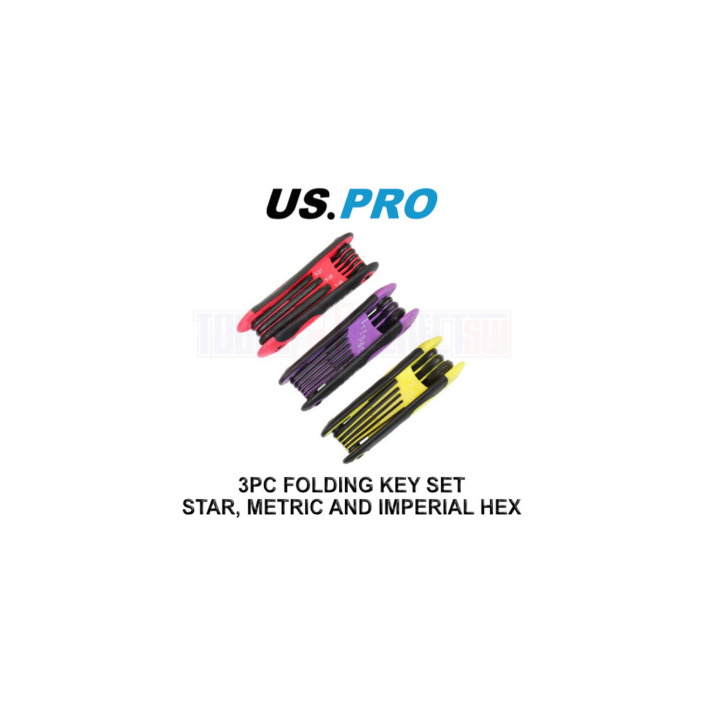 US PRO Tools 3pc Folding Key Set Star/Torx, Metric & Imperial Hex / Allen 1624