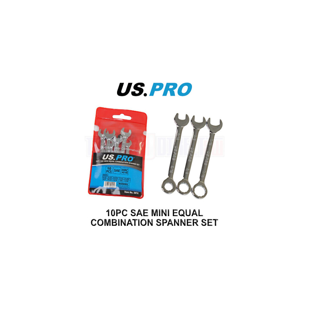 Us Pro Tools 10Pc Sae Mini Equal Combination Spanner Set 5/32" - 7/16" 3874